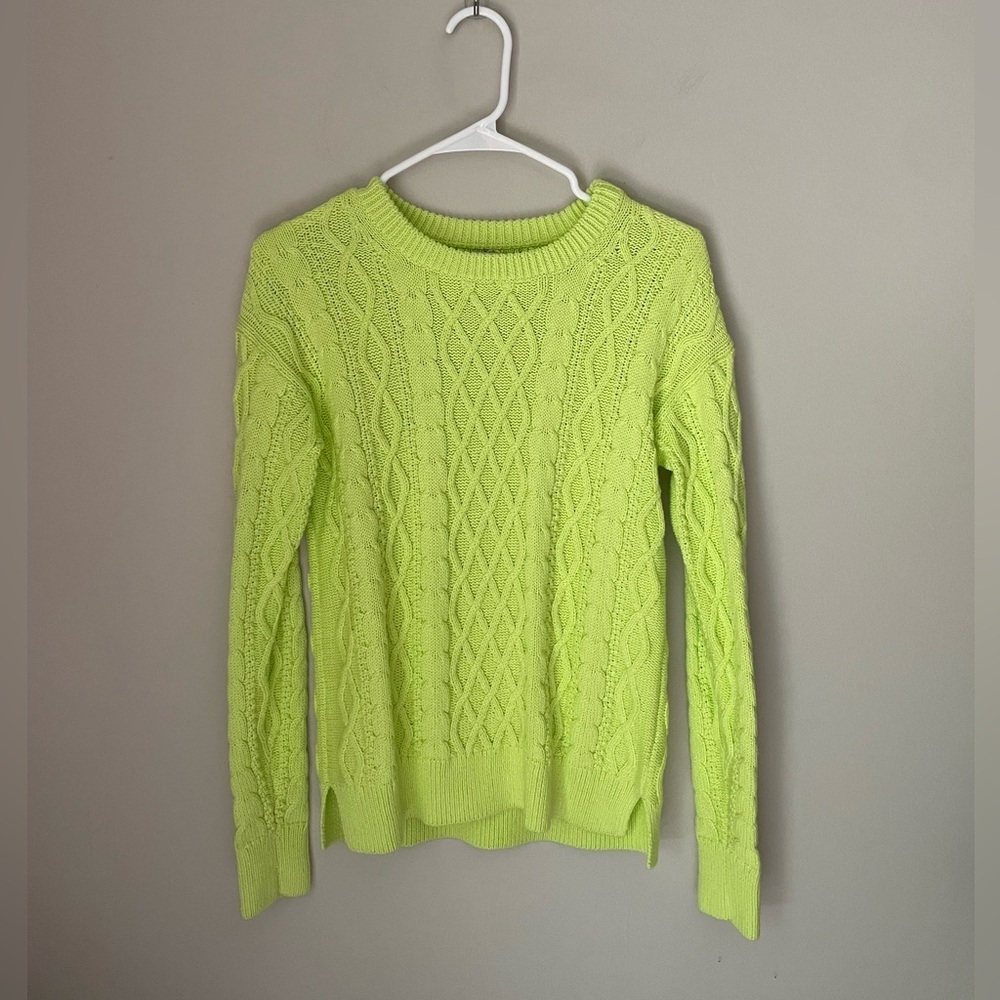 J. Crew Neon Lime Cable Knit Crewneck Sweater